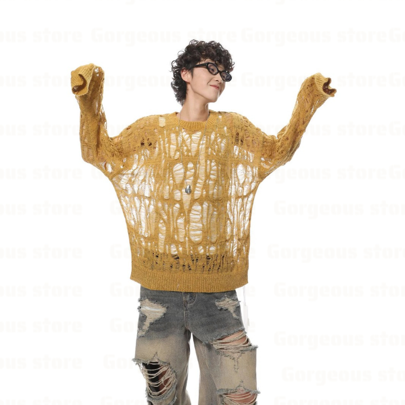 Vintage Fashion In Japan - ヴィンテージリッピング中空アウトメッシュニットセーター男性秋ストリートファッションクルーネック長袖ニット Tシャツ紳士服