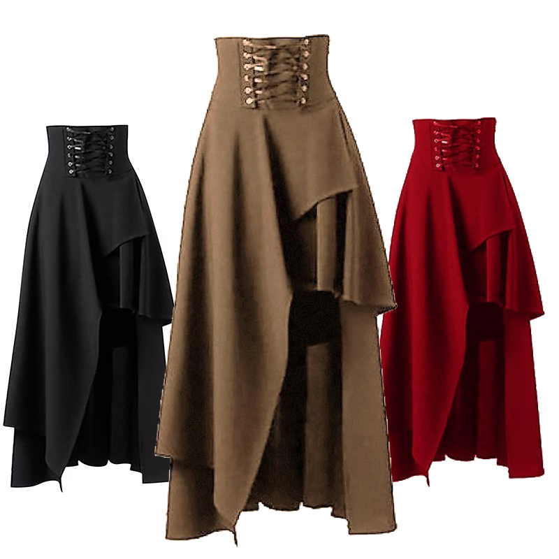 Vintage Fashion In Japan - 女性のスチームパンクヴィンテージバンダートスカート、ゴシックウェア、無地、レースアップ、ハイウエスト、不規則なマキシスカート、カジュアルファッション