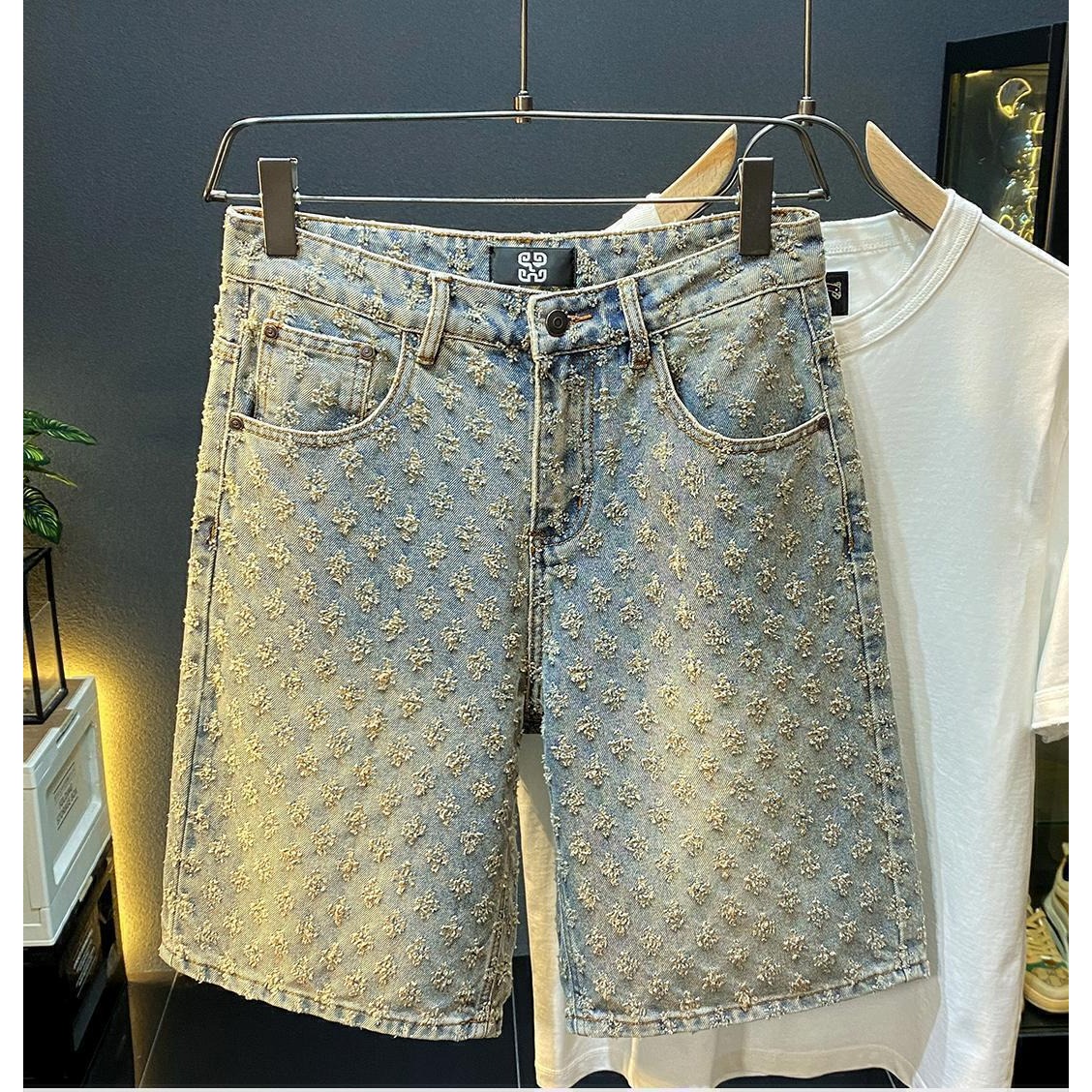 Vintage Fashion Shop - 夏のハイストリートデニムショーツ メンズカジュアルジーンズショーツ ルーズミッドハイウエスト ファッションヴィンテージ 膝丈デニムショートパンツ メンズ