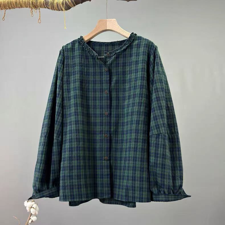 Vintage Fashion In Japan - 2026年日本のファッション女性用チェックシャツ、100%コットン、黒と緑のチェック柄シャツ、長袖ブラウス、ヴィンテージ服