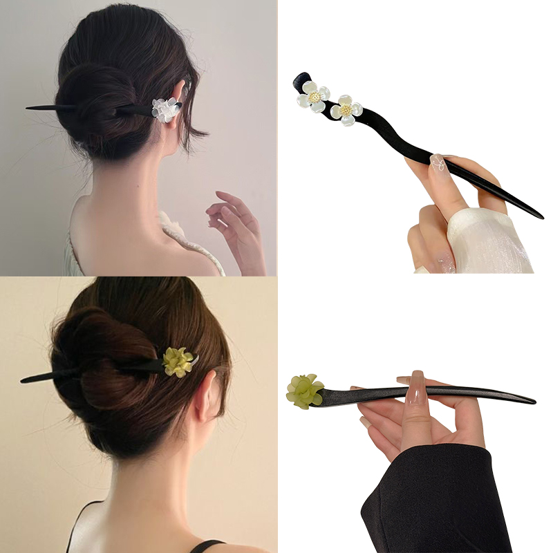 Vintage Fashion Shop - ヴィンテージ中国風の木製花ヘアスティックパールヘアピンジュエリー女性のための気質ヘアアクセサリーウェディングスタイリング gif