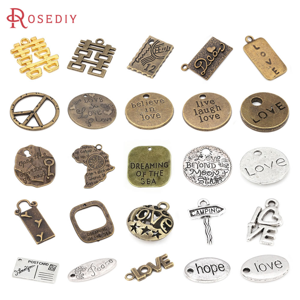 Vintage Fashion Earrings - ヴィンテージスタイル亜鉛合金製「LOVE」ハート文字ペンダントDIYジュエリー製作用品ネックレスイヤリングアクセサリー女性用