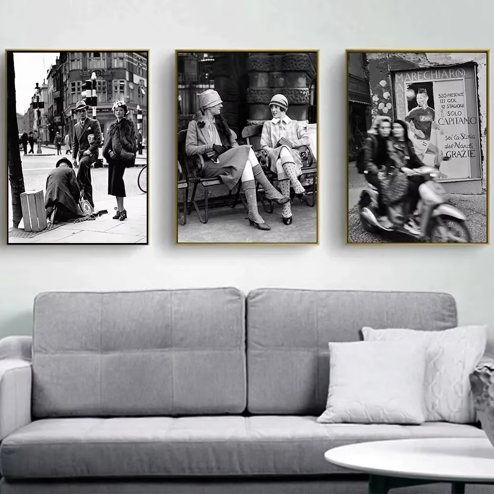 Vintage Fashion Photography - ファッション黒と白のヴィンテージ写真プリントイタリアパリストリートポスター壁アートキャンバス絵画写真リビングルームの装飾