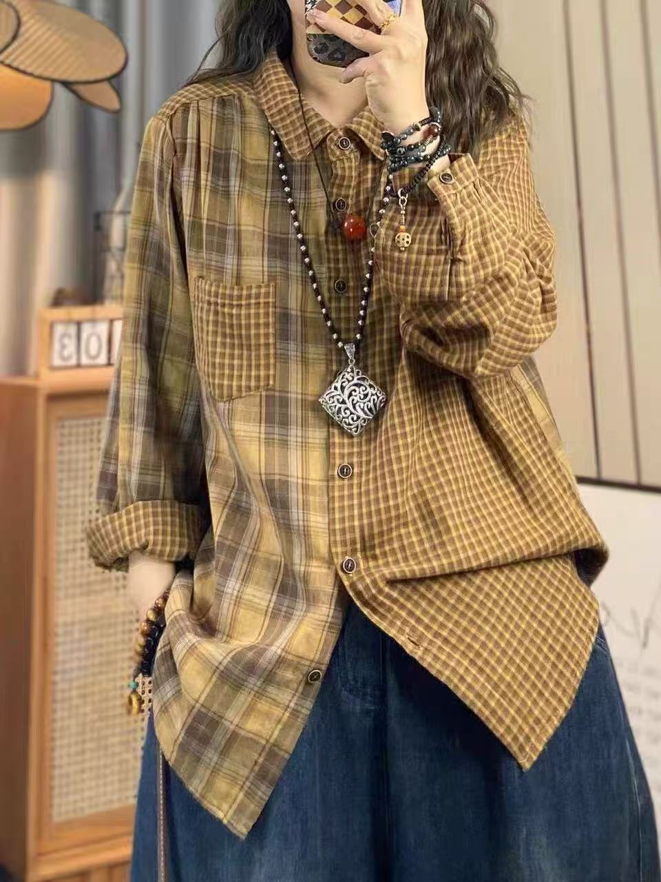Vintage Fashion In Japan - 2026年女性用秋服 日本ファッション コットンヤーン製 レディースチェック柄シャツ ヴィンテージチェック柄パッチワーク長袖ブラウス