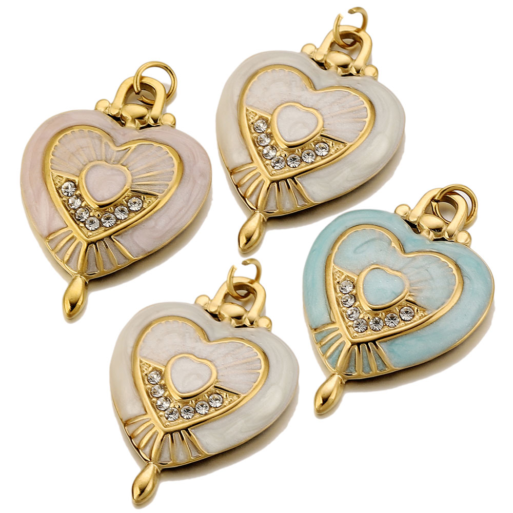 Vintage Fashion Earrings - 3個入り ステンレス製 ヴィンテージ エナメル ハートチャーム 太陽模様