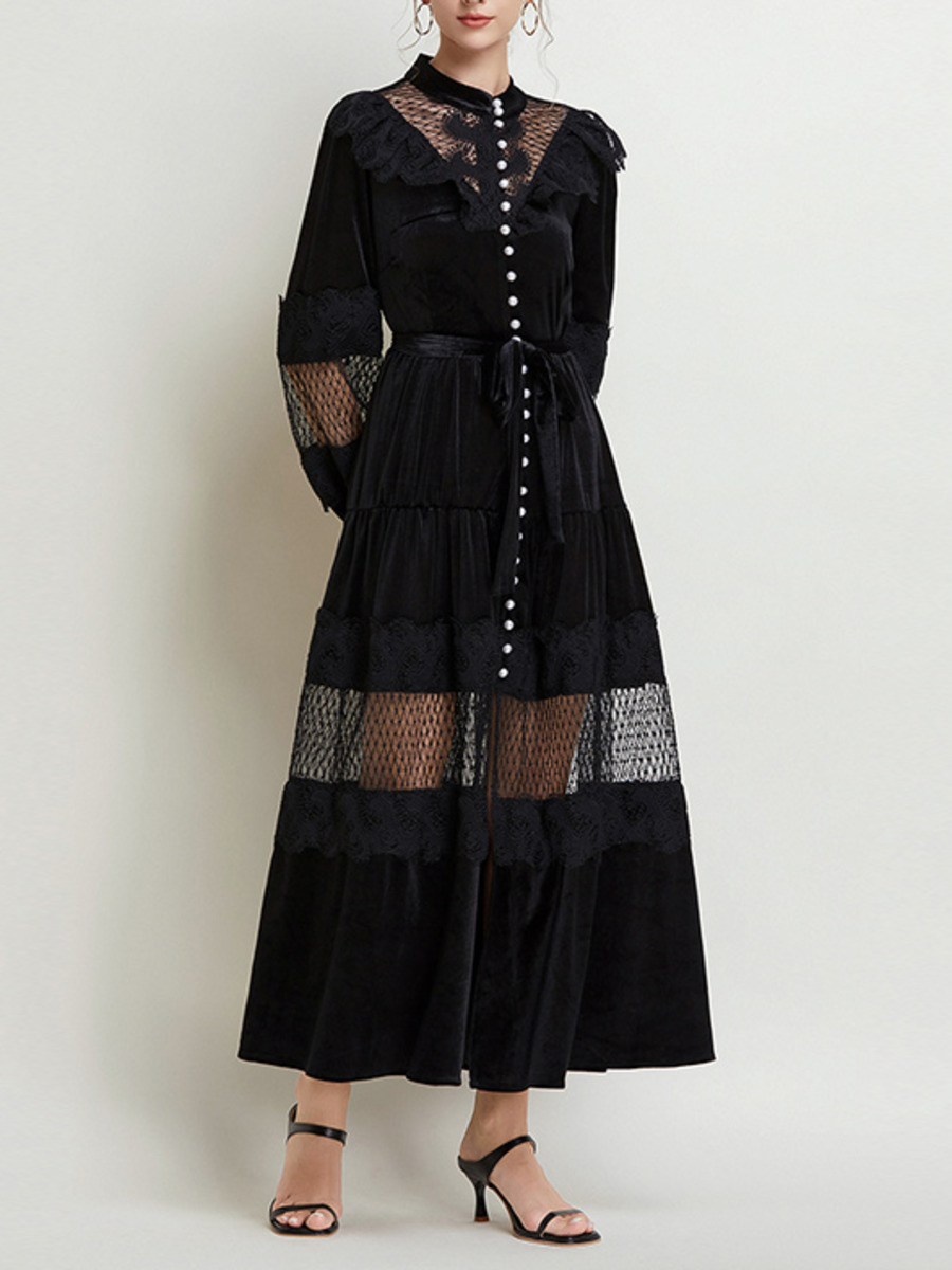 Vintage Fashion Runway - 女性の透かし彫りベルベットドレス,カジュアルベルト,黒いレースのパッチワーク,マキシロング,ウエディング,高品質,ランウェイファッション,秋