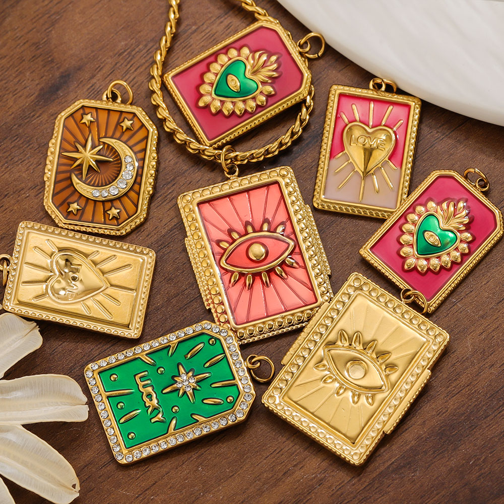 Vintage Fashion Earrings - 2個入り ステンレススチール製チャーム オイルドリップ ラブタロットカード ネックレスペンダント DIY用