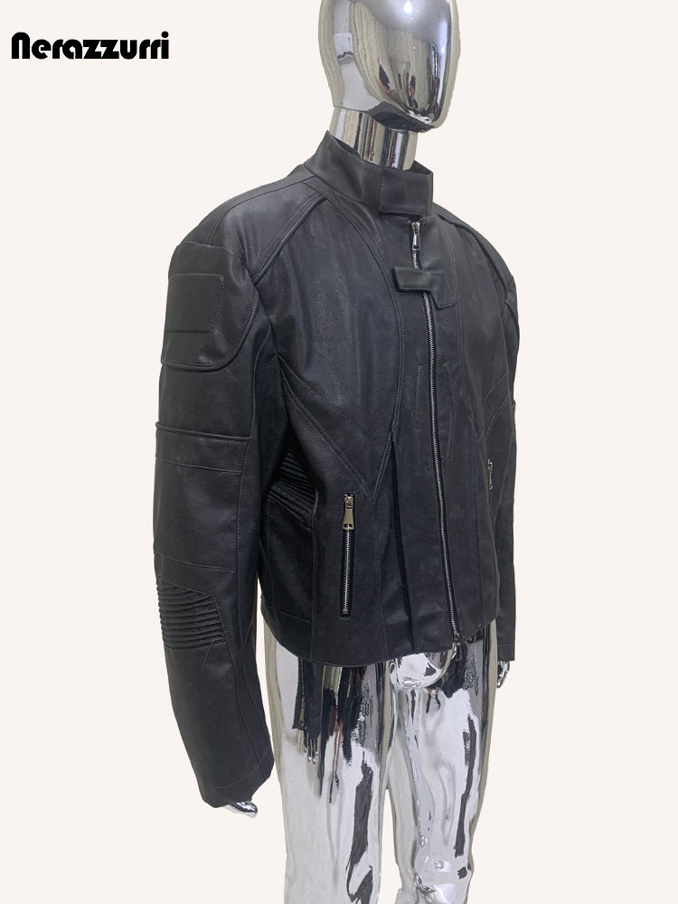 ネラッズーリ秋ショート丈ダメージ加工ブラックPUレザージャケ - Vintage Fashion Runway のレビューと価格