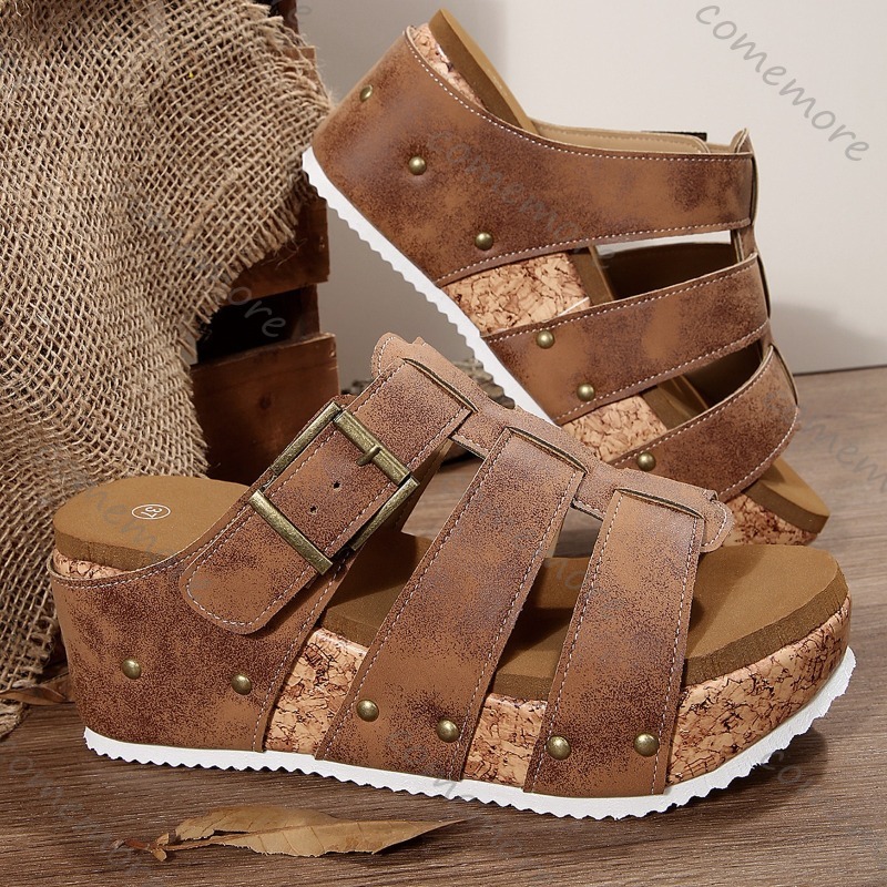 ヴィンテージバックルストラップウェッジスライドサンダル レデ - Vintage Outdoor Fashion のレビューと価格