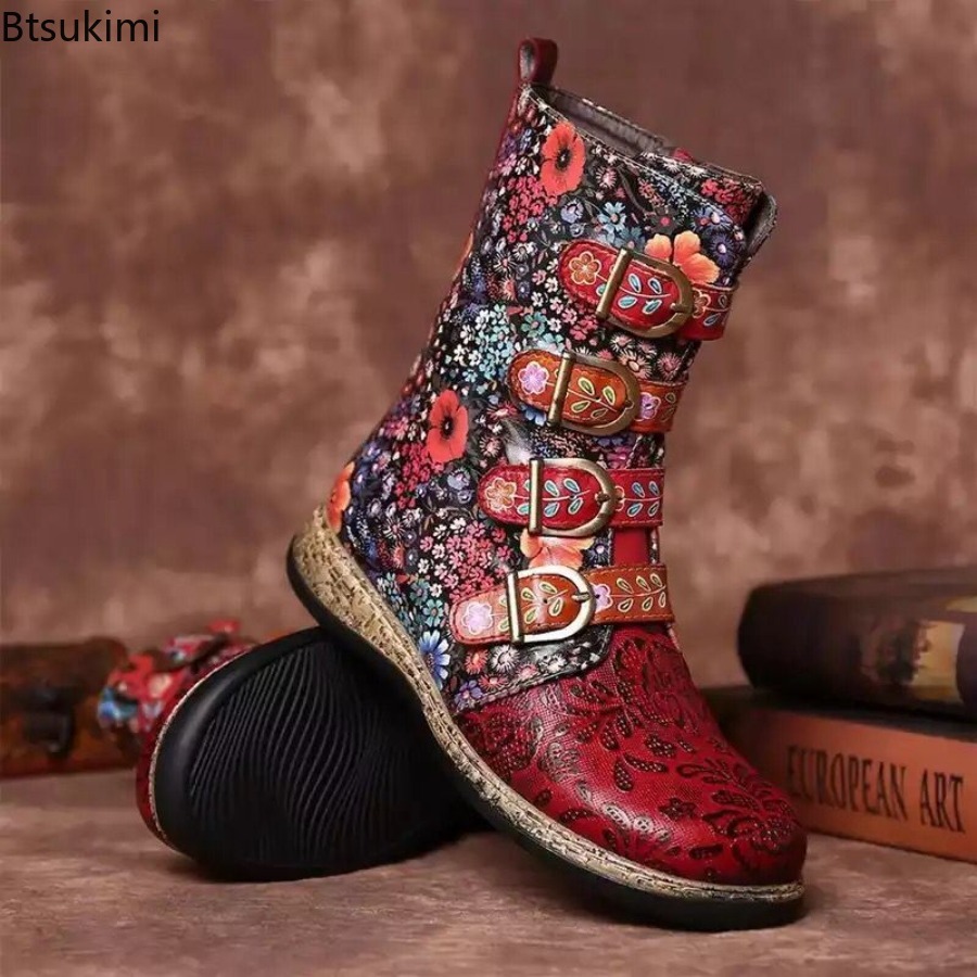 エスニック調のプリントが施されたレディースレザーブーツ。秋・ - Vintage Fashion Female のレビューと価格